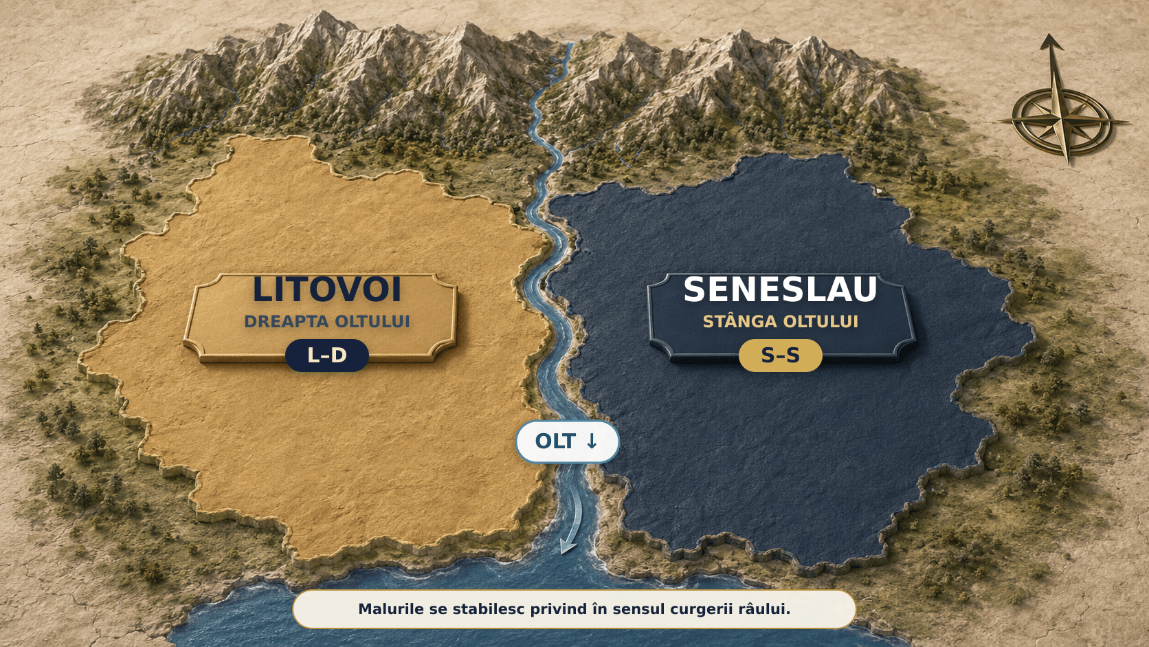 Hartă 3D cu Litovoi în dreapta Oltului și Seneslau în stânga Oltului, explicate prin asocierile L–D și S–S